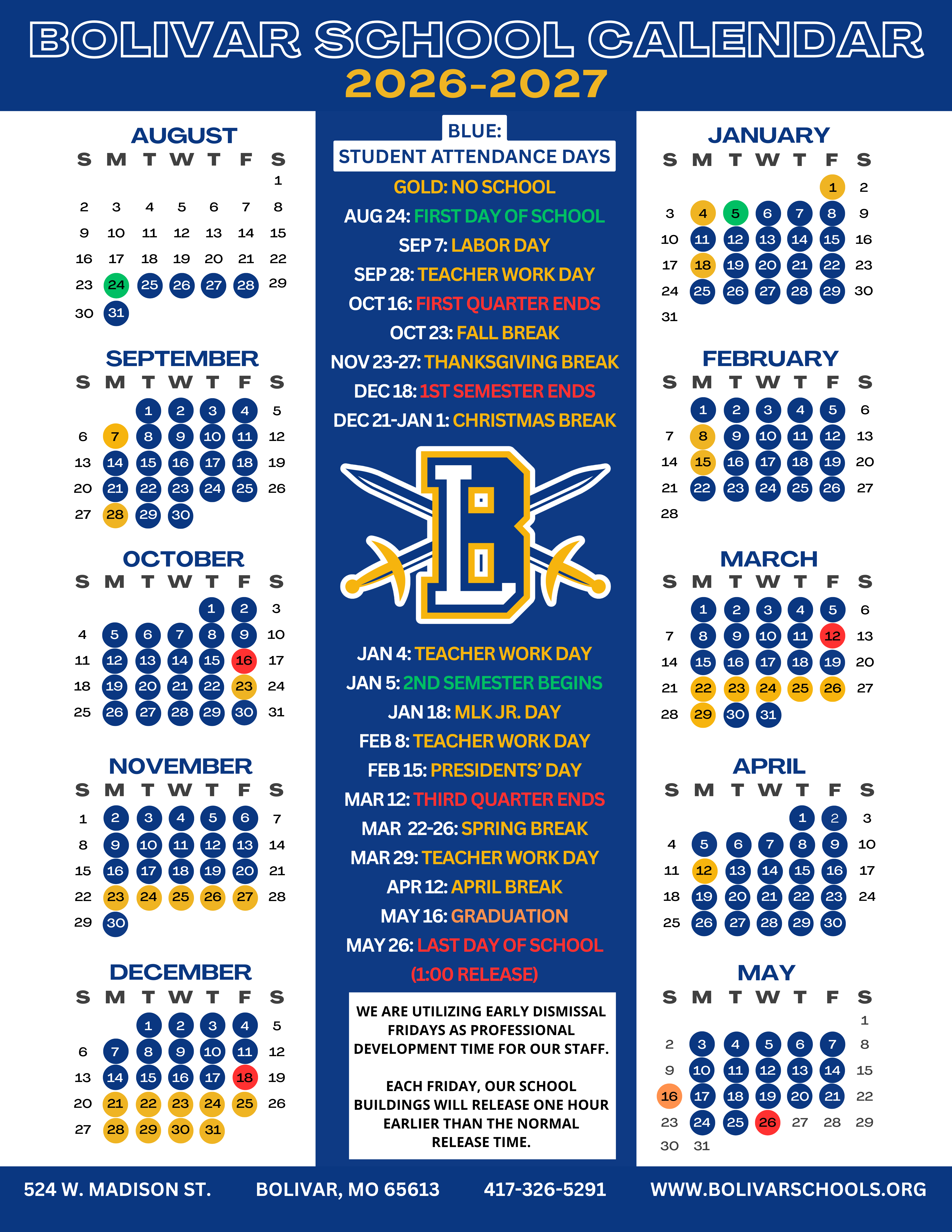 アイドル WILD BLUE Calendar 2026-2027 Bolivar Schools -